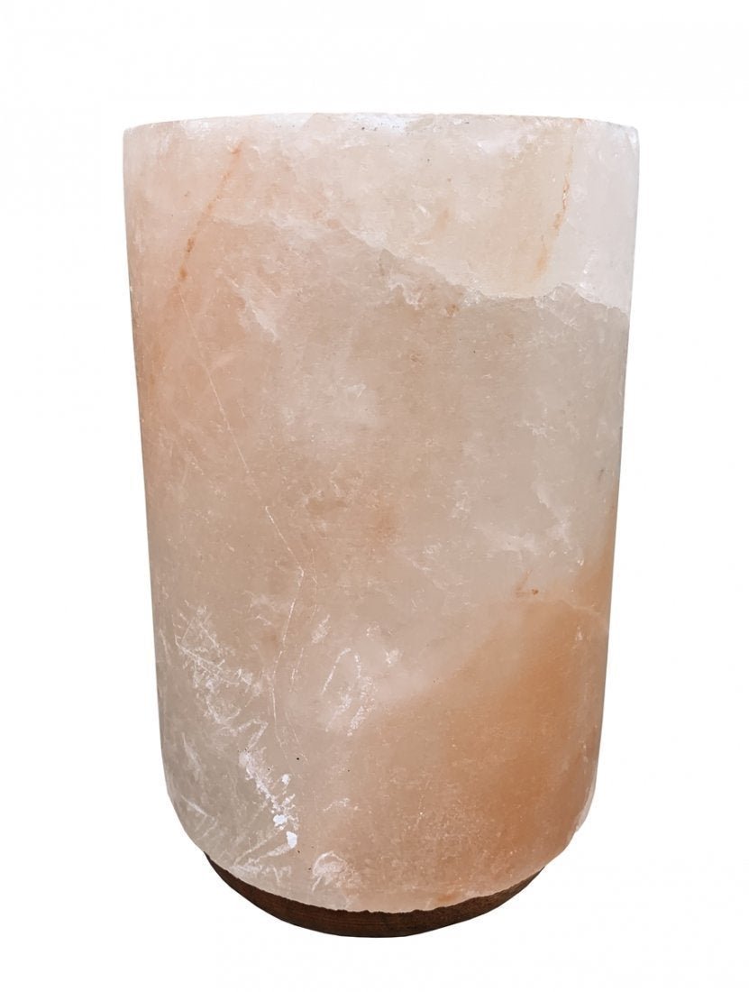 Round pillar Himalayan Crystal Rock Pink Salt: Beatiful Himalayan crystal rock pink salt pillar, good condition, some nicks to the edge. The bottom shows a hollowed out area that might be used to have a light bulb. All items are sold "as is". The 