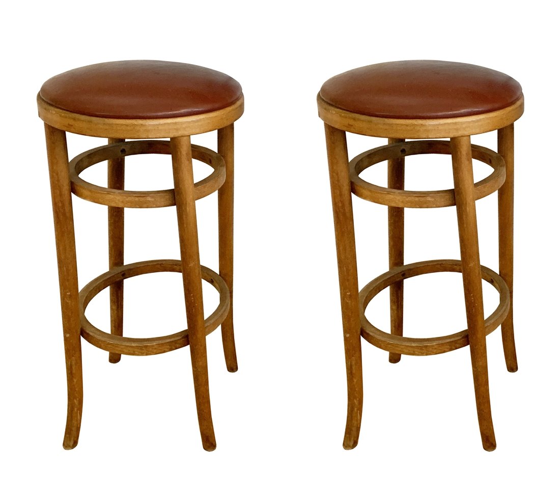 Pair of Barstools by Michael Thonet for Thonet: Beautiful pair of vintage bentwood barstools designed and manufactured in the USA by Thonet.The stools retain their original finish and upholstery, they are solid/sturdy and with nicks and scuffs to w