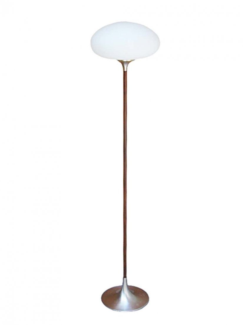 Mushroom Style Floor Lamp with Rosewood Stem by Laurel: Laurel lighting cast and spun aluminium tulip based floor lamp with rosewood veneered iron stem and mushroom white opaque glass shade. The lamp is in excellent condition. Measurements: 12 inches deep 