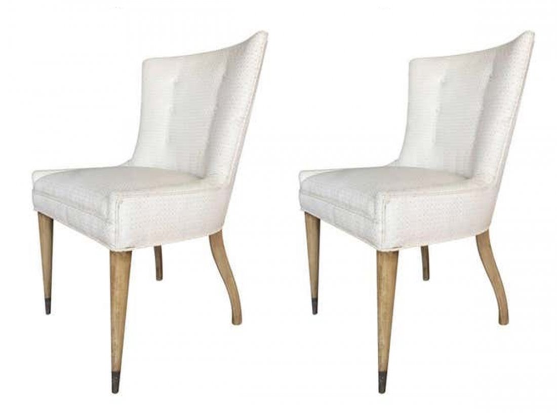 Pair of Vintage Chairs with Sculptural Lines: Pair of beautiful vintage chairs upholstered in a cream colored fabric. The chairs have very nice architectural lines they are very sturdy and are very comfortable. Measurements: 32 1/2 inches high x 