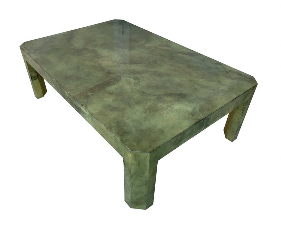 Large Goat Skin Coffee Table by Sally Sirkin Lewis: Large Lacquered Goatskin Coffee Table by Sally Sirkin Lewis for J. Robert Scott. J. Robert Scott, Inc. is the luxury home furnishings manufacturer that was founded in 1972 in Los Angeles by Hall of Fa