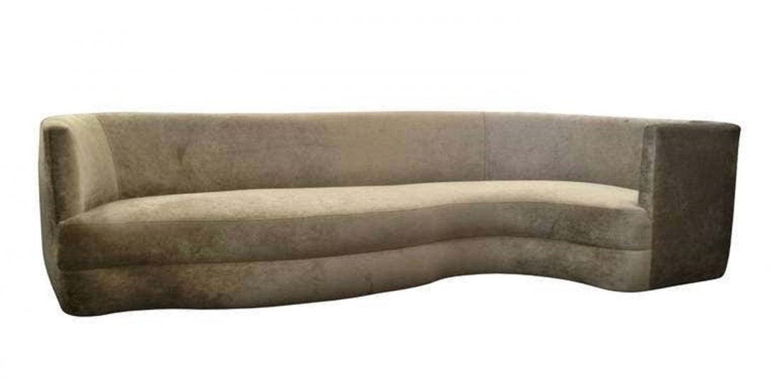 Stunning Free-Form Sofa in the Vladimir Kagan Style: Stunning sofa newly upholstered in brown velvet fabric which is very soft and inviting, the sofa has a beautiful shape one side wraps around making it perfect to just lounge and relax. The base consis