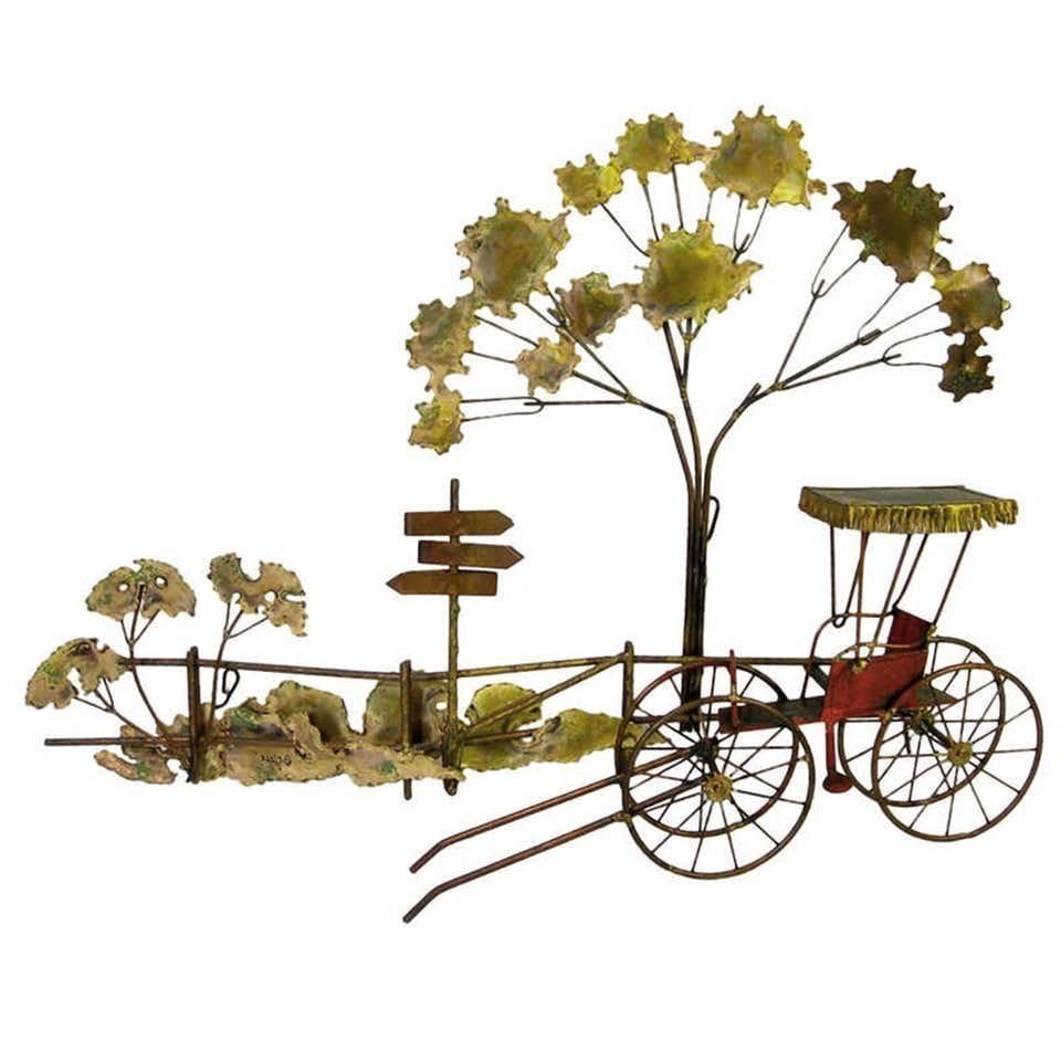 Stroll in the Park Wall Sculpture by Curtis Jere: Curtis Jere's name is synonymous with mid century metal artists.His work features intricacy and detail that is easy to appreciate. Stroll in the par has no shortage of either.The result is truly remin