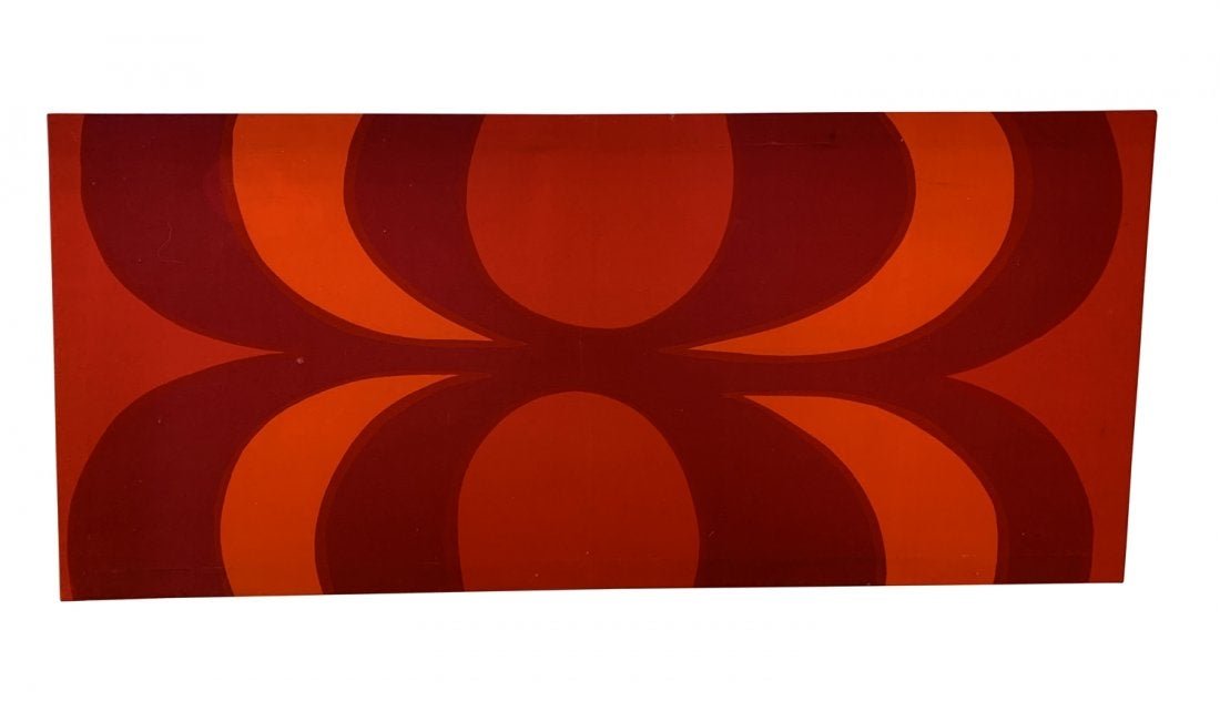 Maija Isola Design "Kaivo" by Marimeko Suomi Finland: Nice fabric art piece designed by Suomi Finland -Marimekko-patern.This piece stretched on a woden frame, the piece has a couple of holes and one round dark spot otherwise in good condition. The piece 