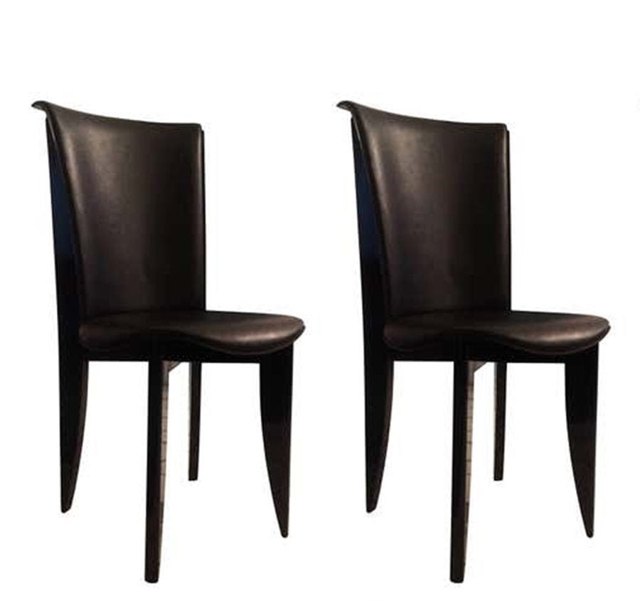 Pair of Italian Leather Chairs in Leather & Lacquer: Beautiful pair of chairs upholstered in high grain leather and black lacquered architectural frames. The chairs are in good condition, mild scratches and wear to frames and markings to leather.The cha