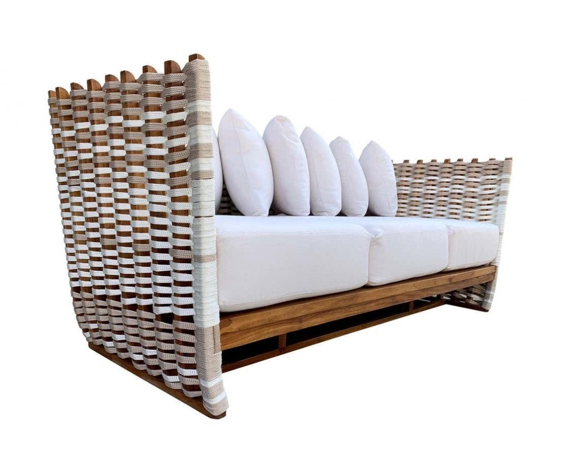 San Martin Outdoor Sofa by Palacek: San Martin outdoor sofa Teak frame and legs in natural golden brown finish with handwoven marine grades synthetic rope in taupe and white with maximum UV protection. Sofa comes with loose seat s and b