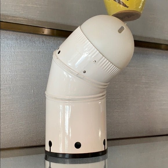 1960Â’s table lamp in white metal & plastic shade: Very unique and rare table lamp made out of tin painted in glossy white color having a removable acrylic shade, the lamp works great and has the original wiring, the paint shows well but it does have 