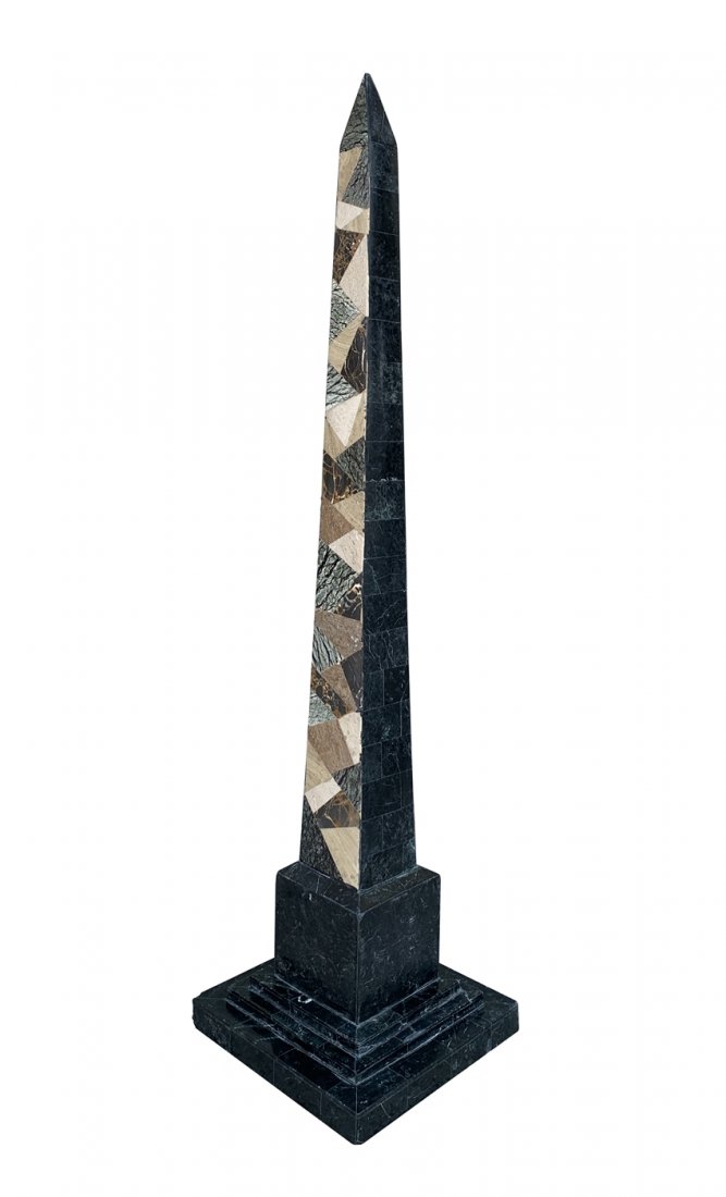 Multi-stone inlay Obelisk by Maitland Smith: Beautiful and tall obelisk designed and manufactured in the Philippines by Maitland Smith. The piece has a multi-stone inlay detail and it is beautifully made. The piece has a smal chip on one corner