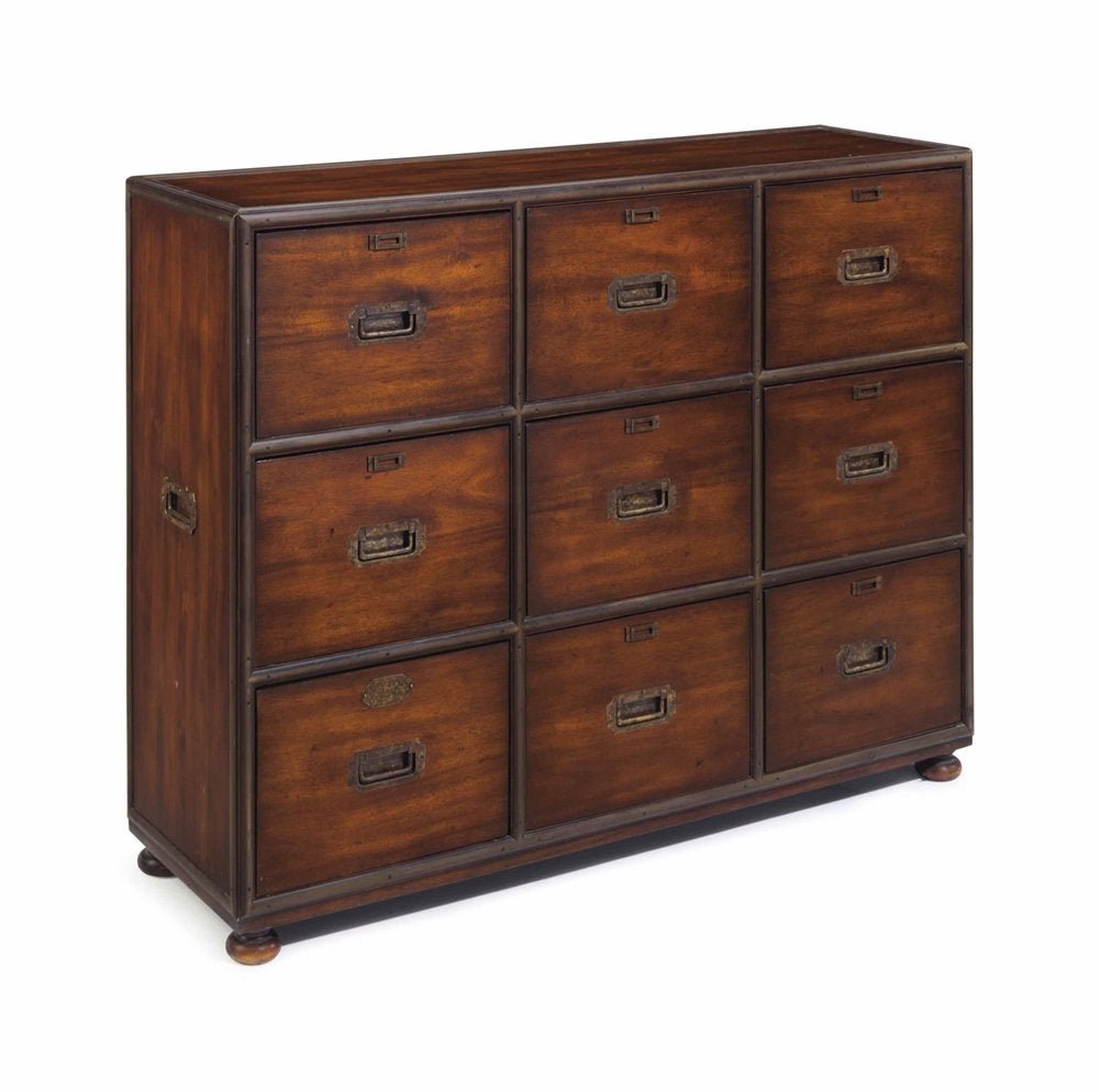 Theodore Alexander Solid Wood & Brass File Cabinet: Features mahogany finish and antiqued brass trim and drawer pulls. Each file drawer can accommodate hanging letter-size file folders and features antiqued brass interior fittings. Brass company name p