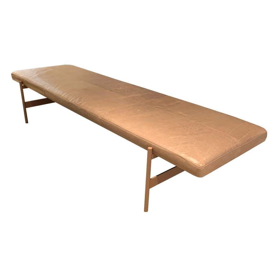 Vintage Style Day Bed in Leather and Metal: Beautiful long daybed in painted metal upholstered in a blush colored leather, very good condition with some wear to leather but no holes or rips, the metal frame is solid and painted in a similar col