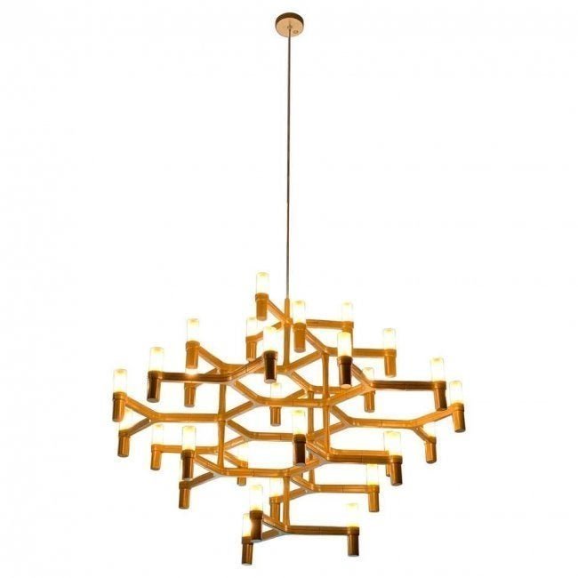 Crown Major Chandelier by Jehs + Laub for Nemo: The Nemo crown major chandelier was designed by Jehs and Laub as a modern twist on the traditional candle chandelier. It is all straight lines and cylinders, from the die-cast aluminum arms and shade 