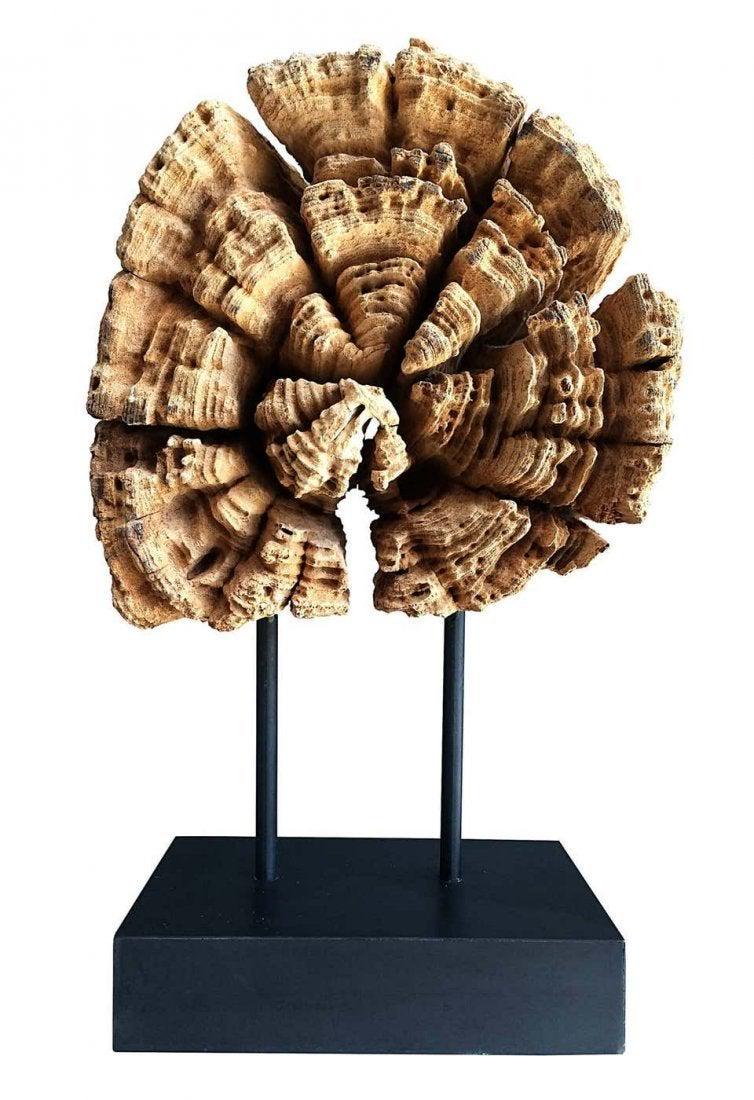Stunning Wood Sculpture on a Metal Stand: Stunning Mid-Century Modern wood sculpture sitting on a metal stand. The piece displays beautifully and is in excellent condition. Measurements: 15 3/4 inches high x 9 3/4 inches wide x 6 inches deep.