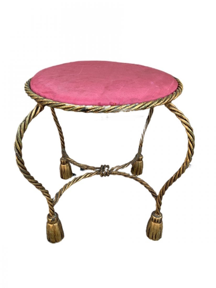Gold Gilt Rope and Tassel Italian Vanity Stool: Vintage vanity stool in rope and tassel style, constructed of gold gilded iron, made in italy. The piece is in good condition, needs new upholstery, unsigned. Measurements: 17 inches high x 15 inches 