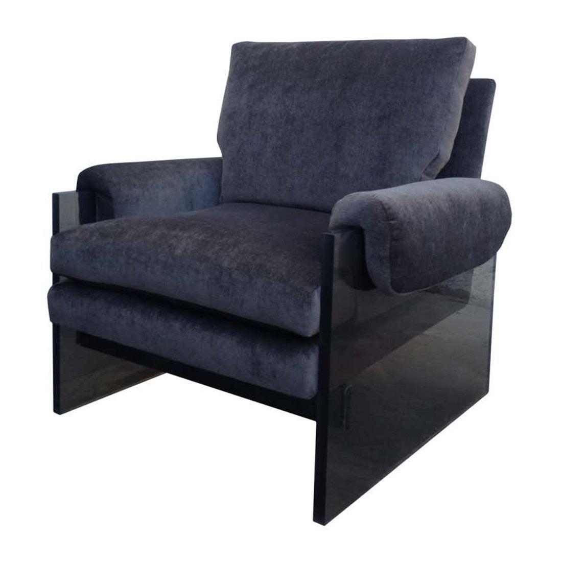 Milo Baughman Lucite Armchair, -Environment Collection-: Rare armchair in smoked Lucite and chromed steel by Milo Baughman for Thayer Coggin. The was reupholstered sometime ago and it hasn't been used other than to stage a few projects. The chair shows well