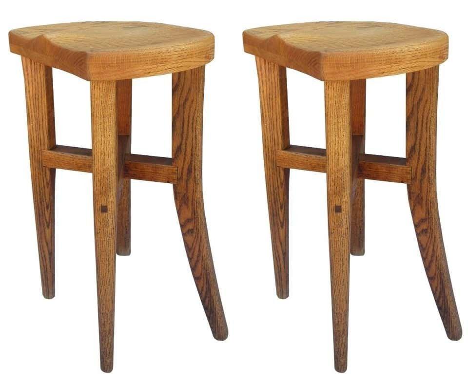 Pair of Victor DiNovi Oak Sculptural Stools, USA,1970s: Beautiful pair of stools designed and handmade by Victor DiNovi from Santa Barbara California in 1978.These stools have beautiful architectural lines and they are very sturdy.The stools are hand signe