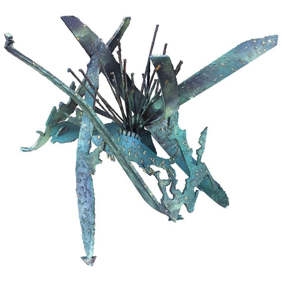 Silas Seandel Brutalist, Torch Cut Table Sculpture: This sculpture is truly stunning, the piece is well made and in very good condition, the piece appears to depict a sea scene with fish and coral reef. The metal has a wonderful verdigris patina accent