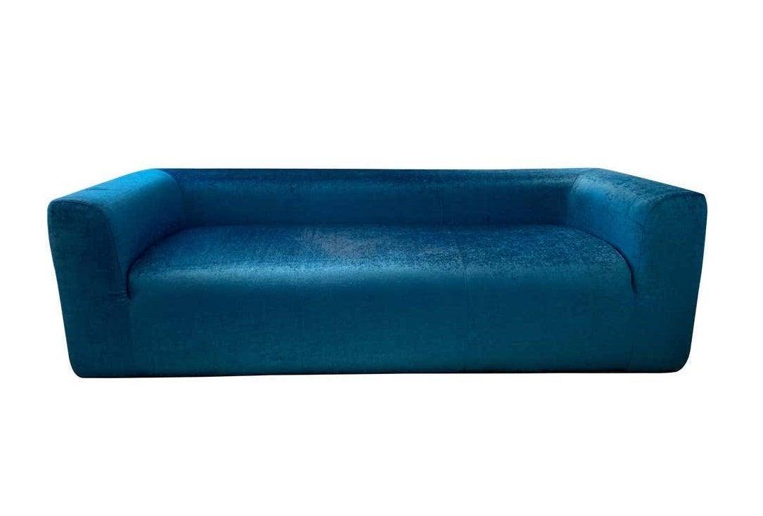 Vintage 3-Seat Sofa by August Inc, August Series 1975: Beautiful 3-seat vintage sofa designed and manufactured in 1975 by August Inc. and part of the August series.The sofa was recently upholstered in a blue Romo fabric and is in good condition and ready 