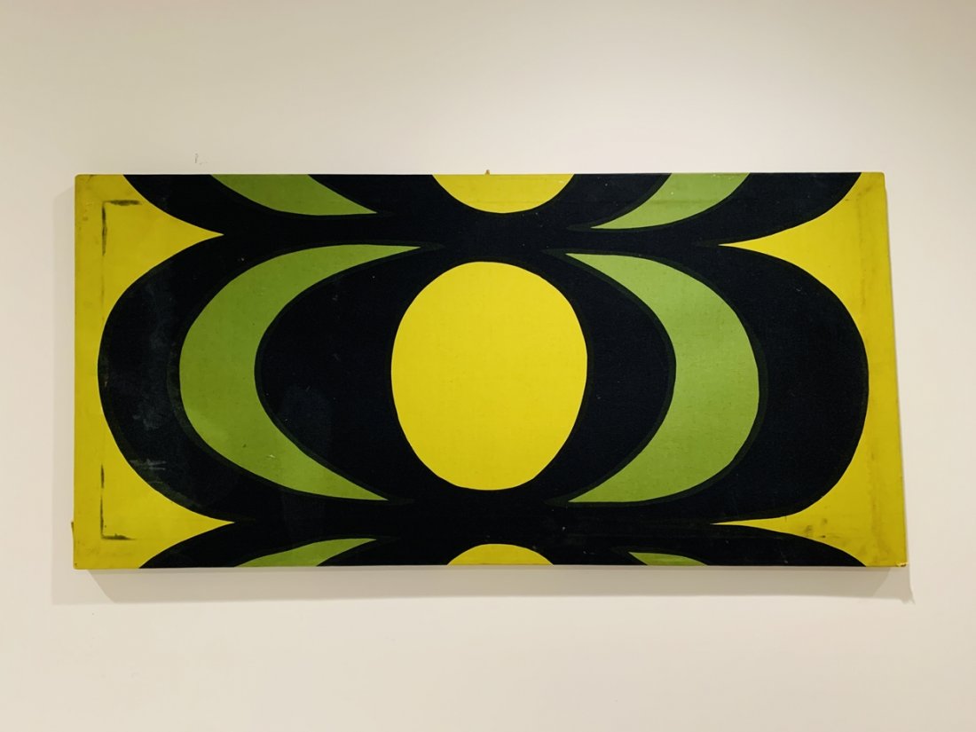 Marimekko Design by Suomi Finland 1965: Stretched over a wooden frame, signed Marimekko by Suomi Finland 1965.The piece is soiled and has marks and scuffs.Measurements:49.75 inches wide x 24 inches high.Can ship for $10 if taken off the fra