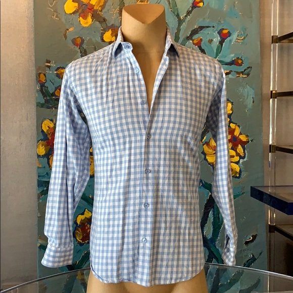 Men’s Shirt in Blue & White checkers by Jared Lang: Beautiful long sleeve casual shirt designed and manufactured by Jared Lang, size Medium, in excellent condition, white and white checkers pattern, 100% Cotton. The shirt has multicolored pieces of thr