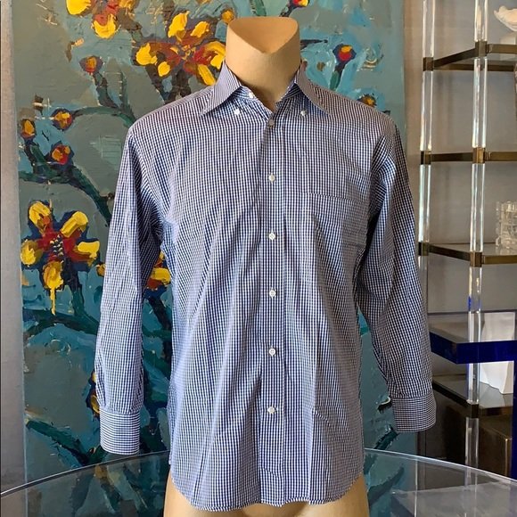 Dress Shirt by B.R.U.L.I 4 Carroll & Co, size M: Beautiful dress shirt designed and manufactured in Switzerland by B.R.U.L.I for Carroll & Co Beverly Hills, size medium, small blue and white checkers pattern, with minimal wear, free of rips holes or