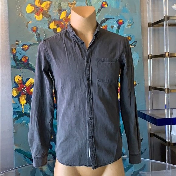 Double Indigo Denim Shirt by Pull & Bear sz M: Beautiful long sleeve/button up shirt designed and manufactured by Pull & Bear and part of the Double Indigo Denim collection, charcoal gray or faded black color, excellent condition with minimal wear