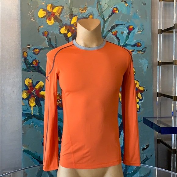 Long Sleeve Shirt by Lululemon size S: Nice long sleeve gym or running shirt designed and manufactured by Lululemon, size small, great condition. Crew neck and with orange, gray and black colors. 16” shoulder to shoulder x 18” pit to p