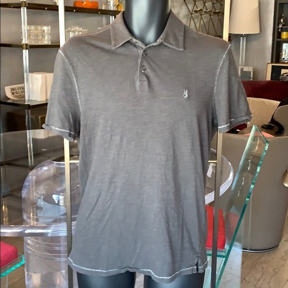 John Varvatos Short Sleeve Polo Shirt in sz Small: Beautiful polo shirt designed and manufactured by John Varvatos, size small Polo Style, excellent condition with very little wear and from a pet and smoke free home. The shirt is sort of an olive gree