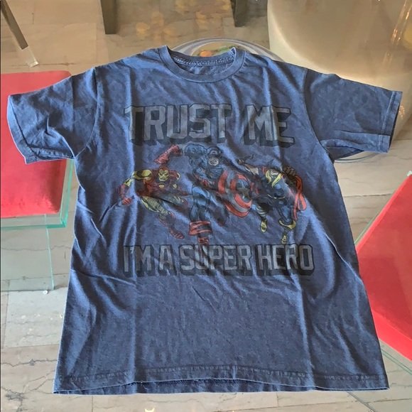 Trust Me I’m a Super Hero T Shirt by Marvel, sz S: Trust Me I’m a Super Hero in size small by Marvel Comics, well used, pilling and some loose threads at the bottom seam. 16.5” shoulder to shoulder x 18” pit to pit x 26” length x 7 1/4” slee