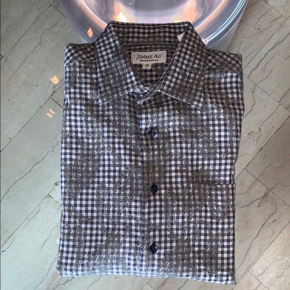 Jimmy Au Beverly Hills Dress Shirt: Beautiful dress shirt designed and manufactured by Jimmy Au Beverly Hills Like new condition with little to no wear. Designed to size 16. 17” shoulder to shoulder x 22” pit to pit x 28” full len