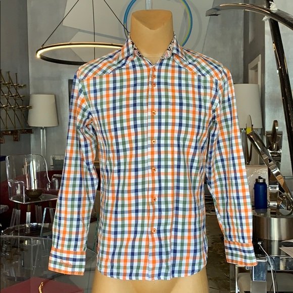 Men’s Dress Shirt by Coogi, Size M/15.5/16: Beautiful button up dress shirt designed and manufactured by Coogi Australia and pet of the Coogi Luxe collection, made in 100% Cotton, orange, green, blue and white checkers, new without tags. Medium