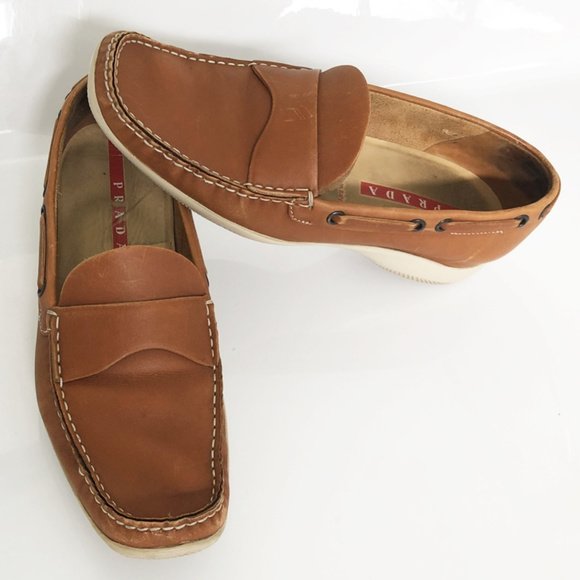 Women's Brown Leather Loafers by Prada in size 8.5: Nice pair of Prada loafers in size 38.5 European and 8.5 US, in very good condition with some mild wear and scuffs to the leather.Very comfortable and with lots of life left in them.All items are sold