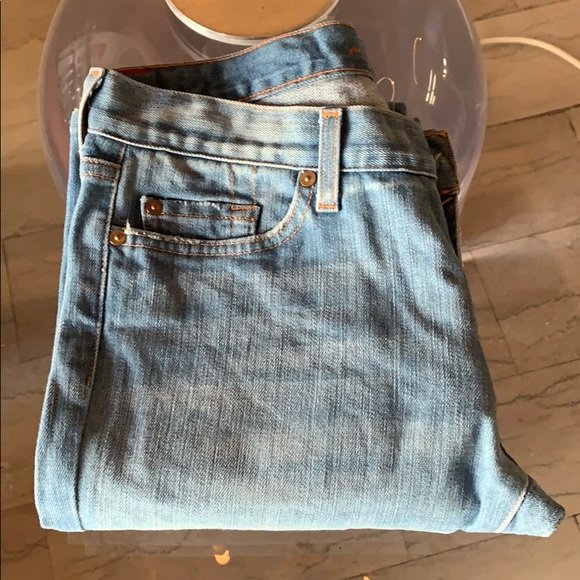 Jeans made in the USA by 7 for All Mankind 30x34: Distressed style jeans designed and manufactured in the USA by 7 for All Mankind, boot cut and size 30 (no size tag) but it measures 15” across waist x 34” inseam x 8.5” rise x 8.5” leg openin