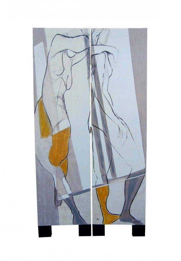 Oil on Canvas Room Divider, Nude Painting Signed: Beautiful room divider made out of a large painting.The painting depicts two seminude female bodies sort of reaching for each other. It is a very sensual and attractive piece great for a bachelor pad 