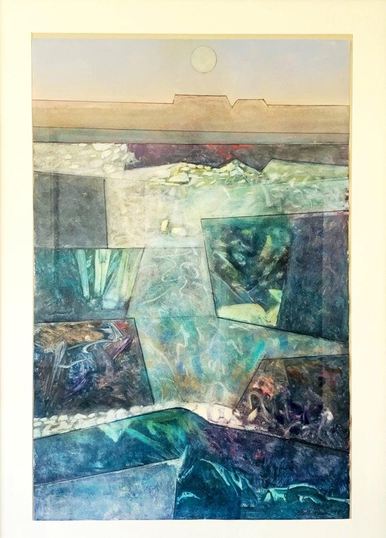 Original watercolor by Keith Finch 1919-1993: Beautiful watercolor by Colorado native Keith Finch. The piece is large and stunningly beautiful, it seems to depict a desert with the sun up above, the mountains and the different layers of the earth