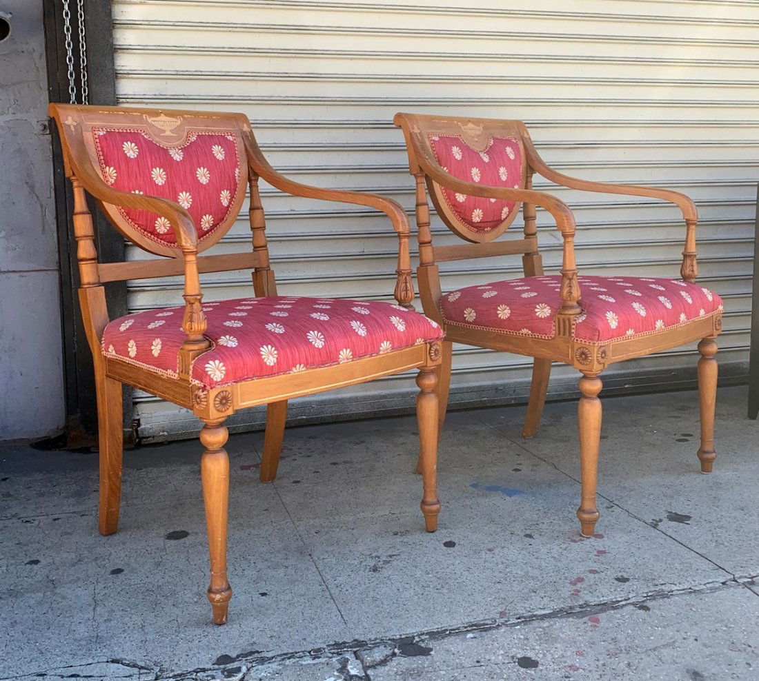 2 Antique Armchairs With Parquetry Inlay by Rossita: Beautiful pair of Antique armchairs with parquetry inlay by Rossita.The chairs have beautiful parquetry inlay work on the backrest and beautiful carved accents on the armrests and legs.The chairs are