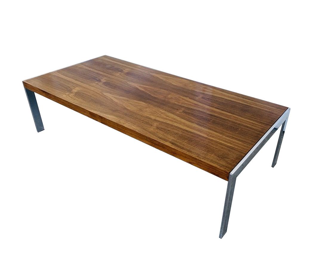 Coffee Table with Chrome Base, Milo Baughman attb: Vintage coffee table with chrome frame and wood top. The table is long and narrow and looks great in modern spaces. Measurements: 58.50 inches wide x 27 inches deep x 15 inches high All items are sold