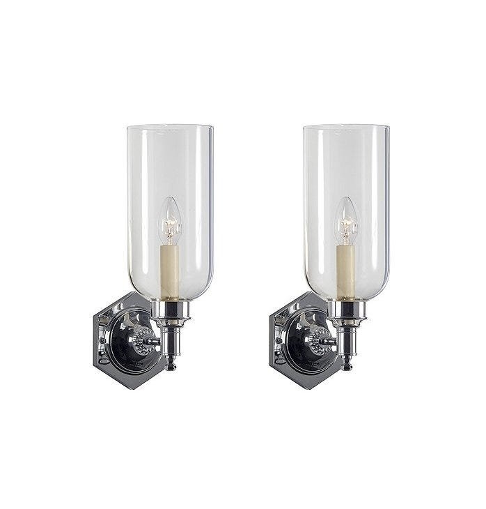 Pair of Nickel & Glass Sconces by Charles Edwards: Beautiful pair of Nickel and Glass wall sconces. These sconces are hand made in London by Charles Edwards of London and part of the Palmer Collection and with the Osler glass shade. We have a total of