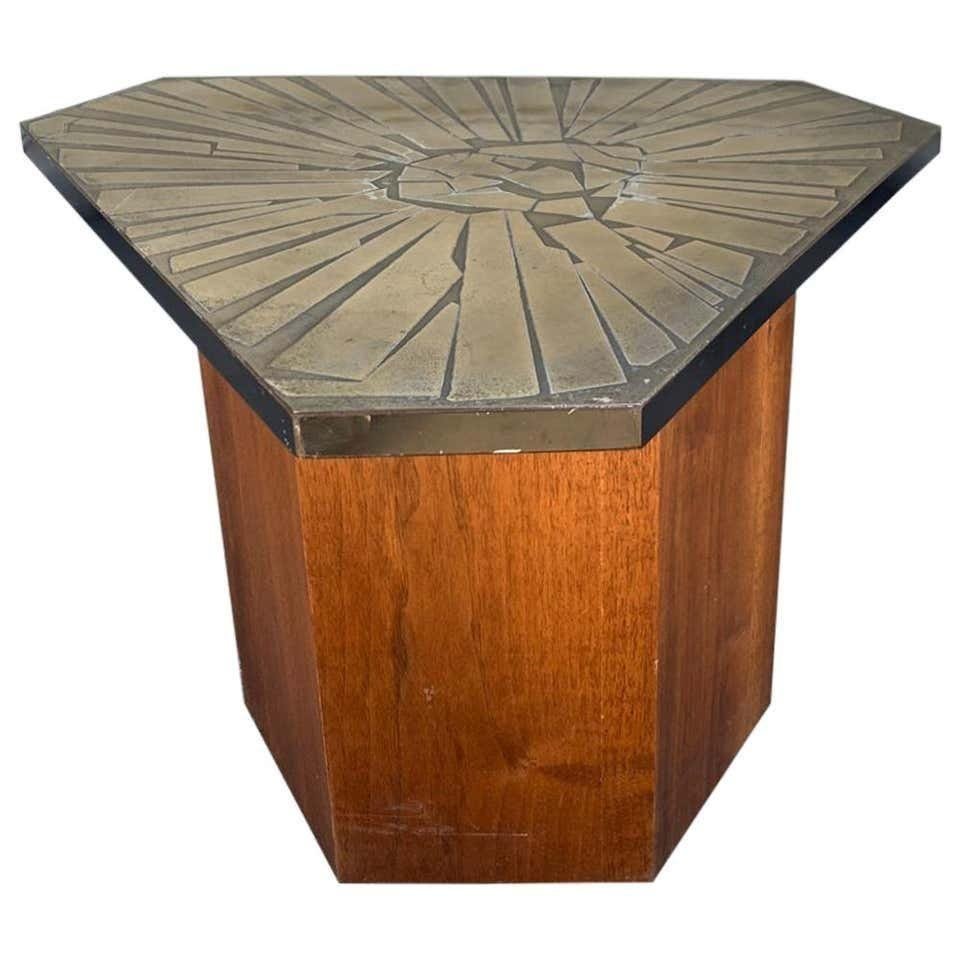 Etched Brass Side Table Made in Italy by G. Urso: Very unique table designed by G. Urso (Italy, 1950s). The triangular top is mounted to hexagonal, walnut base. The top has been cleaned and polished, but slight wear remains (spots, indentations, and 