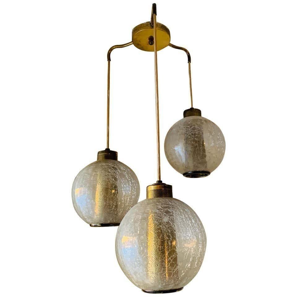 3 Globe Pendant/Chandelier With Crackle Glass & Brass: Beautiful pendant/chandelier in crackled glass and brass.The piece is from the 60s or 70's and is in excellent condition, one owner and at the same house since purchased.Fully functional. Measurements