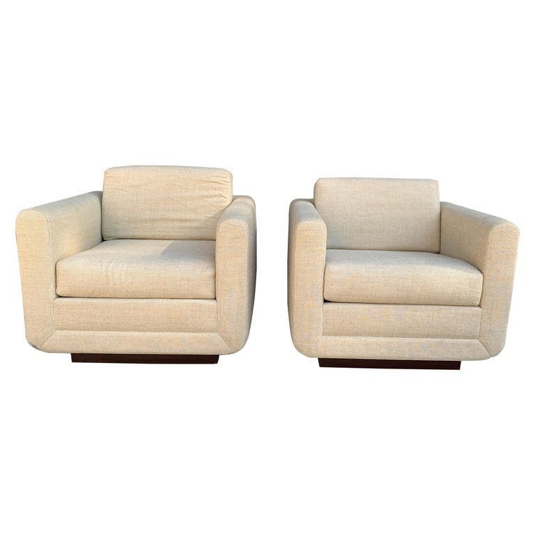 Pair of Club Chairs On Walnut Plinth by Harvey Probber (1 of 13)