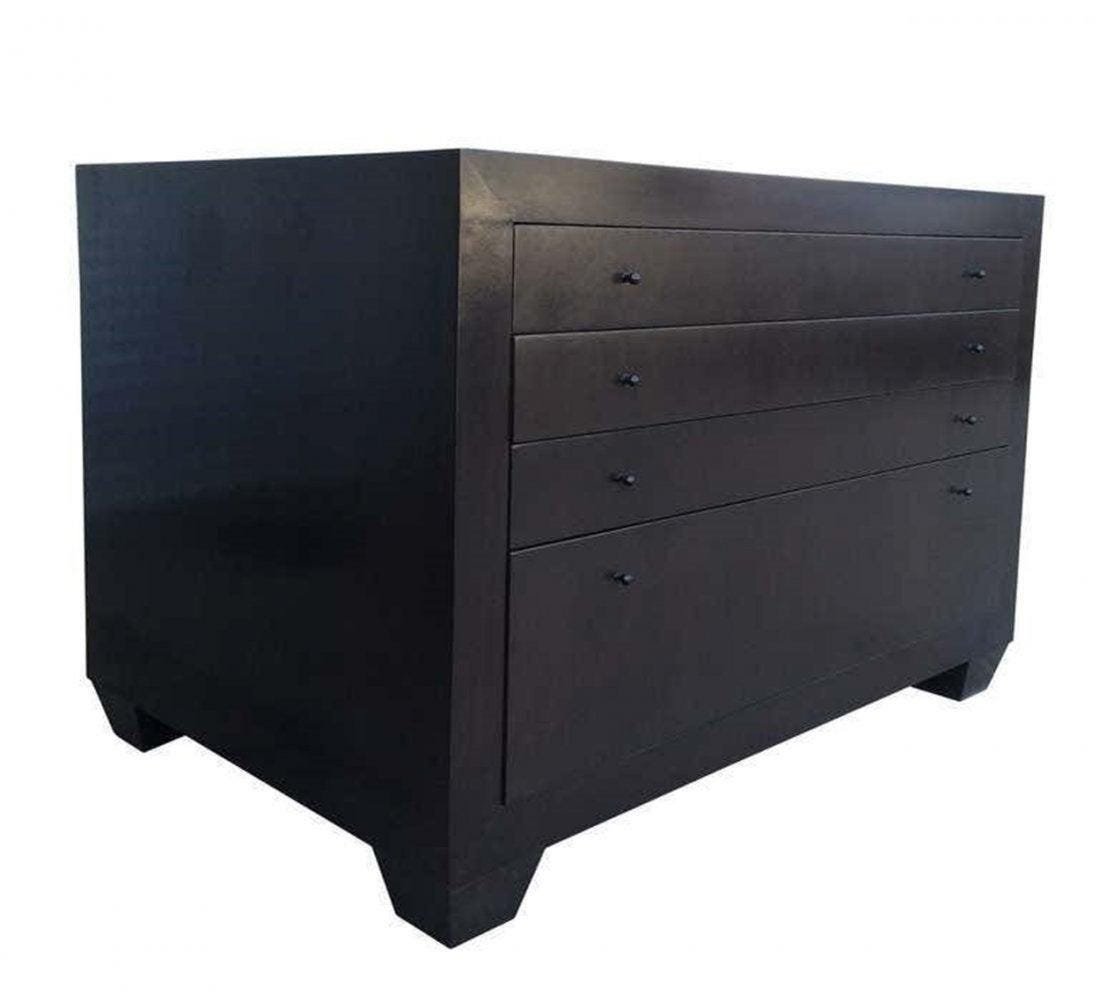 Stunning Four-Drawer Dresser in Dark Walnut Finish: Stunning four drawers dresser finished in a beautiful dark walnut finish and beautiful architectural legs. The cabinet can be used at an office space or it ca be used as dresser. The cabinet was refin