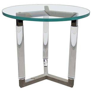 Tripod Table in Lucite & Nickel by Charles Hollis Jones: Beautiful table designed and manufactured by Charles Hollis Jones for Arthur Elrod, executed in Lucite and polished nickel with a starphire glass top.The contrast of shapes works very well on this tab