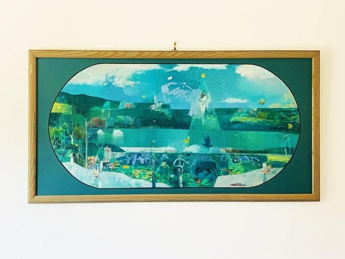 Original Painting by Keith Finch -1919-1993- Signed: Beatiful and provocative oil on canvas painting by Colorado native Keith Finch. The piece depicts a nude woman being lifted up by a bright light, the surroundings seems to be a valley with a lake, tre