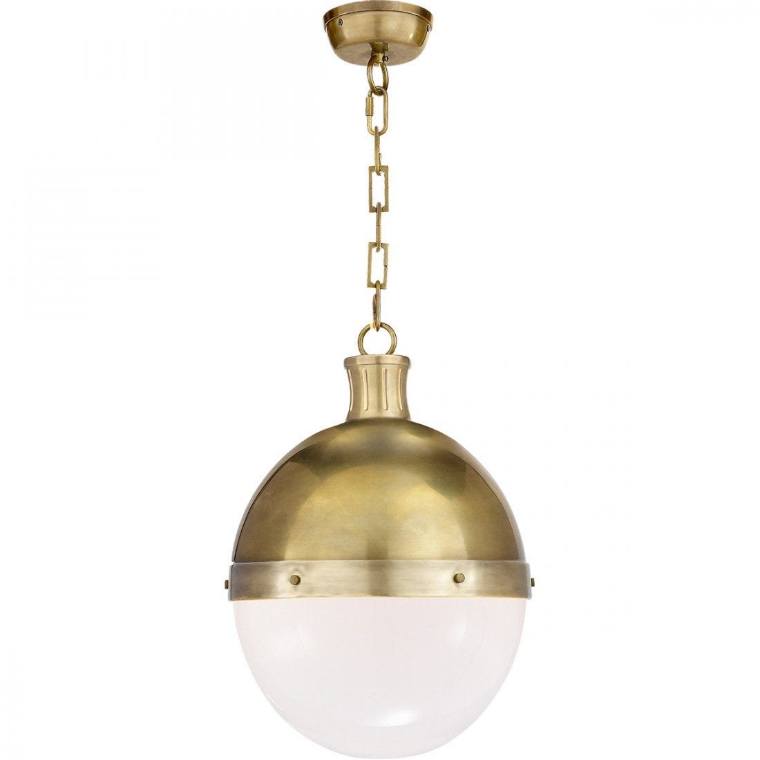 Solid Brass & Milk Glass Pendant Chandelier: Beautiful chandelier made in solid brass with a milkglass shade. The metal has a beautiful aged patina and the glass in free of cracks. The piece comes with the original brass canopy and chain. Measur
