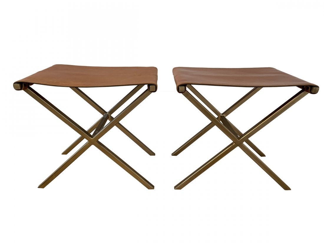 Pair of X frame Benches in Leather & Gold Tone Metal (1 of 14)