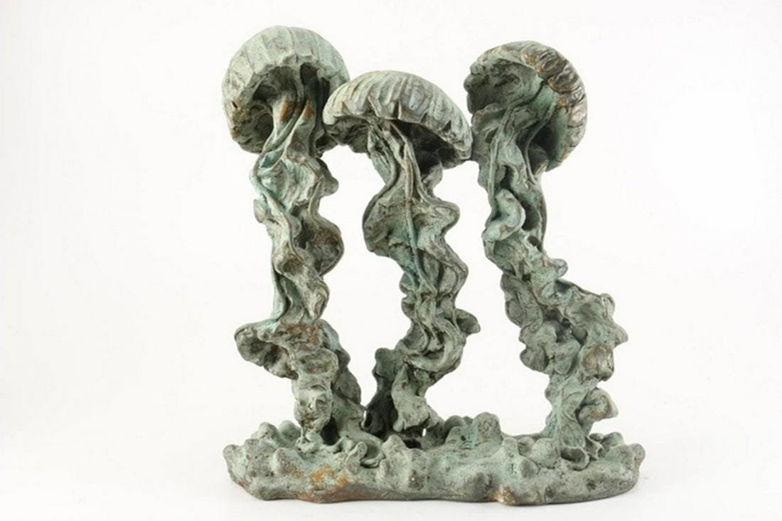 Jellyfish Sculpture by Attila Tivadar: Amazing jellyfish sculpture by listed artist Attila Tivadar from San Francisco California. With rusted and verdigris patina accents this unique piece shows great attention to detail. The Intricate det