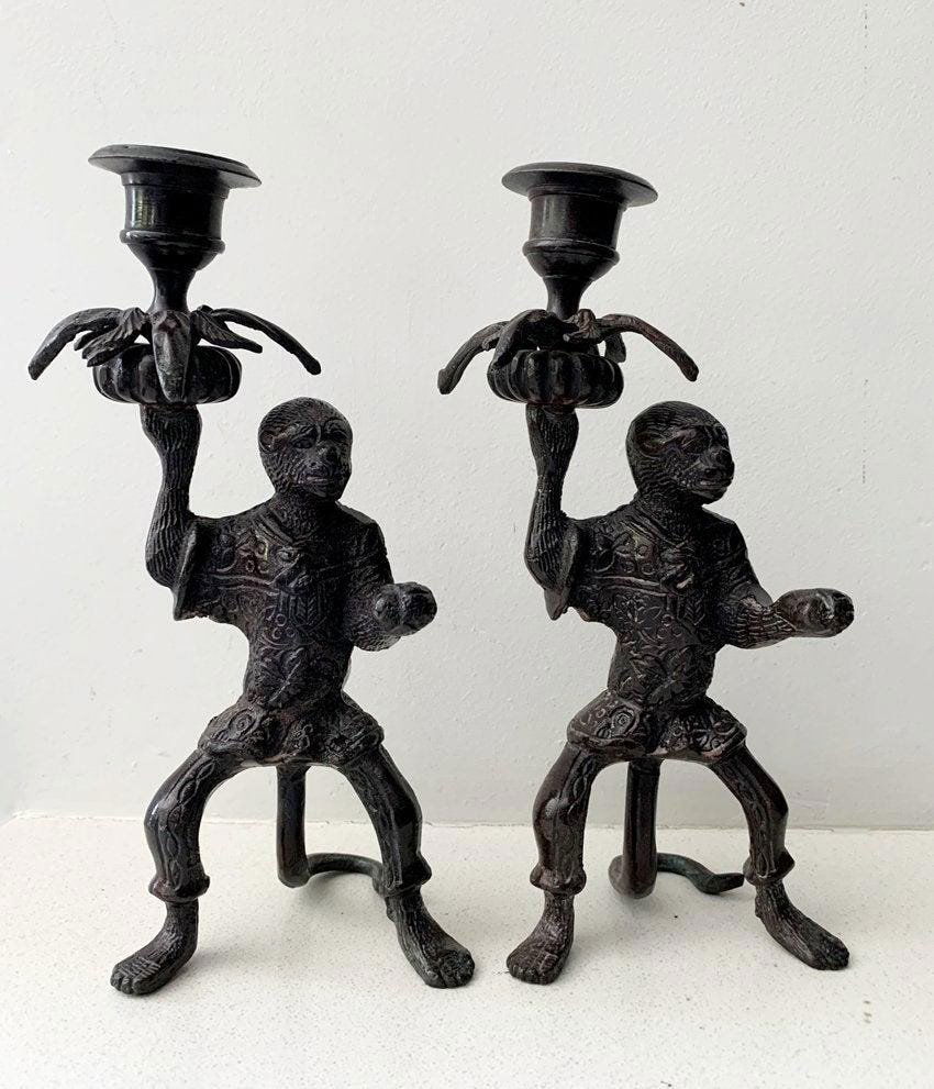 Pair of Monkey Candle Holders in solid Bronze (1 of 11)