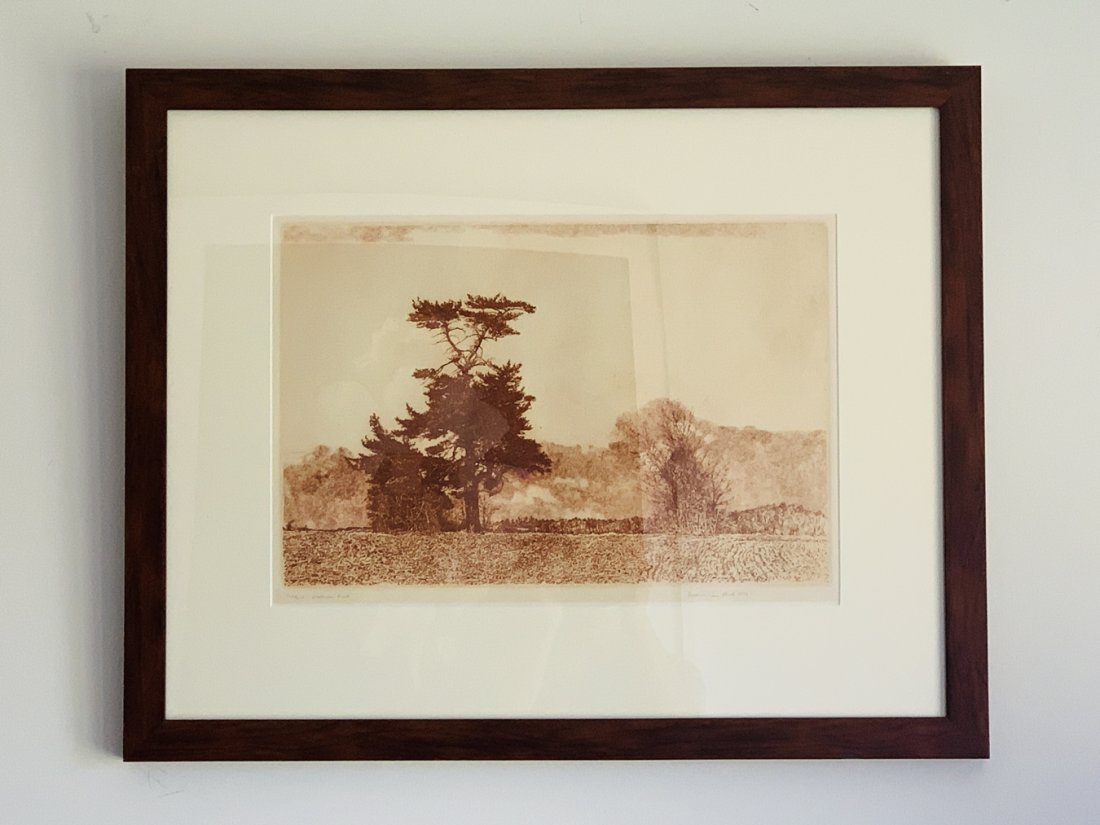 Herbert Fink, LONESOME PINE, Etching on Paper,1979: Limited edition pencil signed and numbered 126/250 original fine art etching by the very well listed artist and print maker Herbert Fink. This is signed and dated in the lower right "Herbert Fink 1979