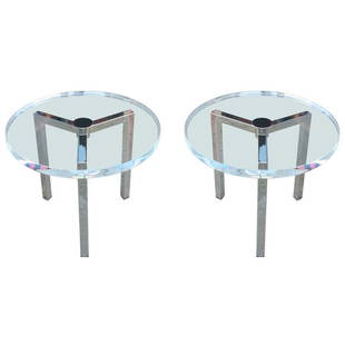 Pair of Lucite and Nickel Side Tables by Charles Hollis: Beautiful pair of Lucite and nickel side tables designed by Charles Hollis Jones for Arthur Elrod. The tables are made out of nickel with a 1 1/2" thick Lucite tops. The tables are in excellent condit