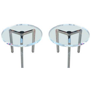 Pair of Lucite and Nickel Side Tables by Charles Hollis: Beautiful pair of Lucite and nickel side tables designed by Charles Hollis Jones for Arthur Elrod. The tables are made out of nickel with a 1 1/2" thick Lucite tops. The tables are in excellent condit